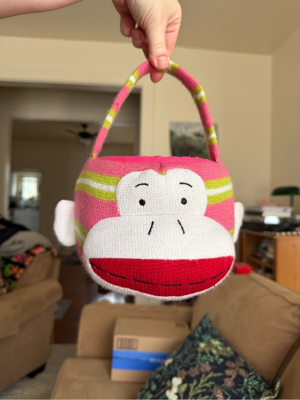 Y2K VTG Sock Monkey basket / pink & green striped